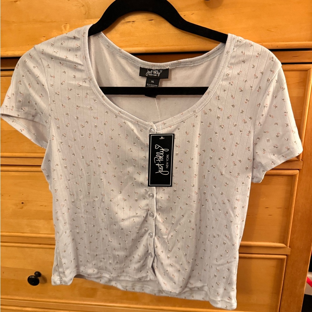 Just Polly Light Blue Floral Button-Front Crop Top